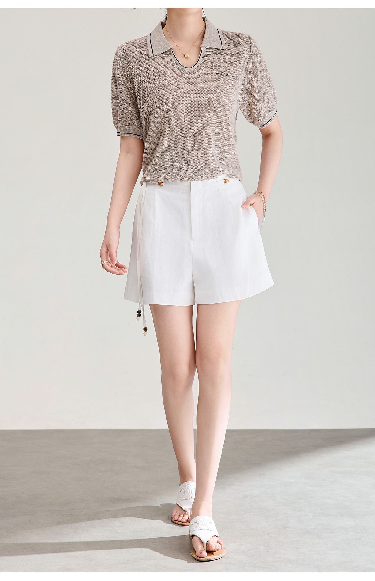 Quần short nữ cạp cao dây buộc phong cách quốc phong rộng thùng thình đính cườm — Xanh lông mòng đen chi tiết 26