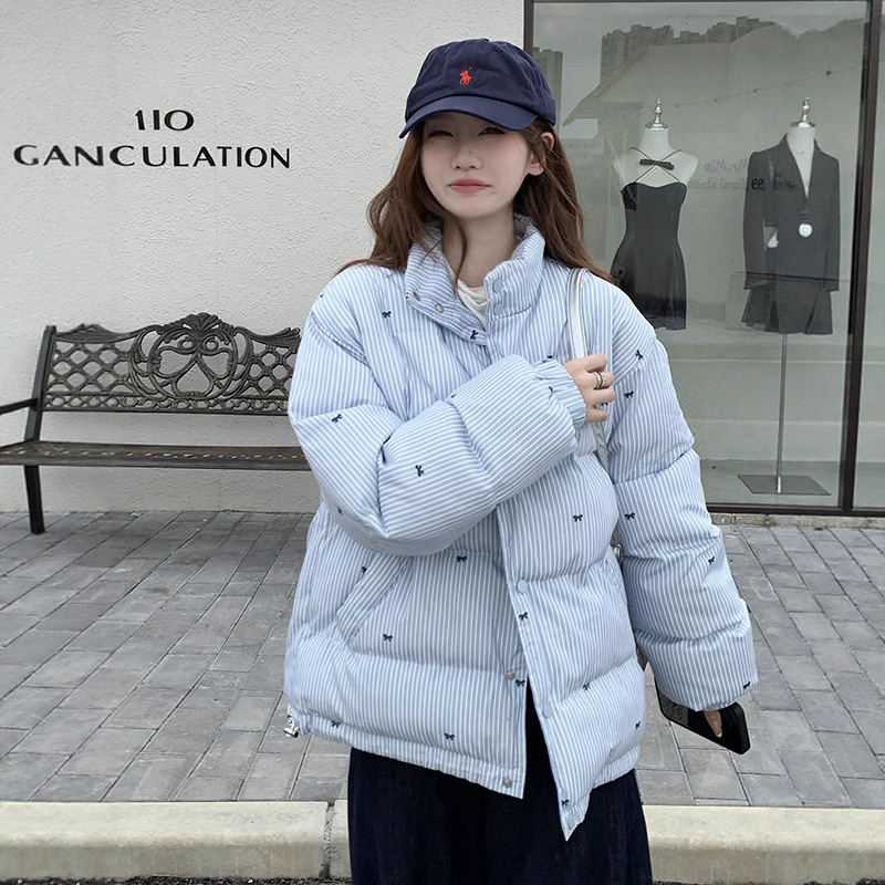 Down Cotton Jacket Women's Korean Stripesd Bow Print Wear 2025 Winter New Loose Fashion Cotton Jacket Trend Down Cotton Jacket Women's Korean Stripesd Bow Print Wear 2025 Winter New Loose Fashion Cotton Jacket Trend