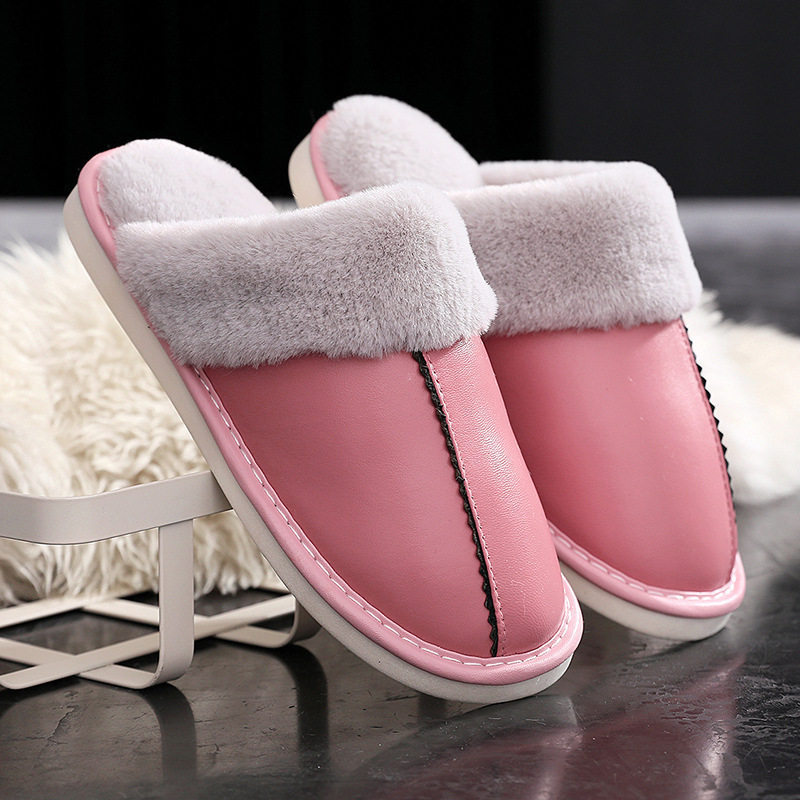 New Men's and Women's Couple's First-Layer Goatskin Leather Slippers for Home Use Silent Wooden Floor Fitting Room Cotton Slippers Winter
