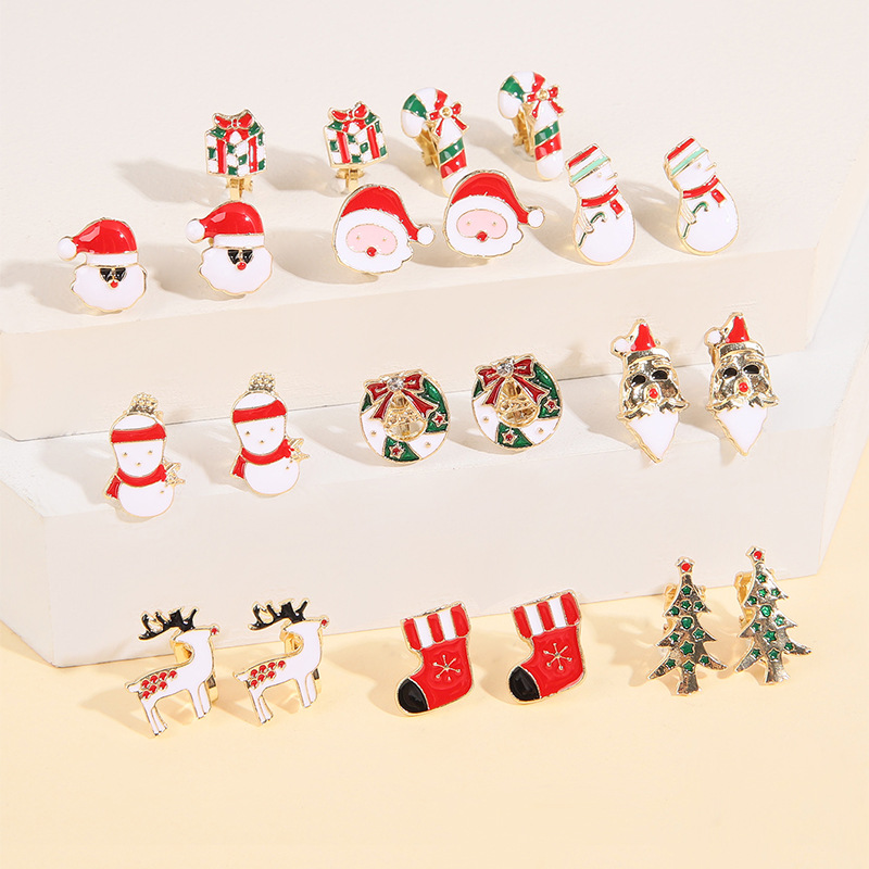Cute Christmas Tree Santa Claus Snowman Alloy Enamel Women's Earrings 11 Pairs display picture 3