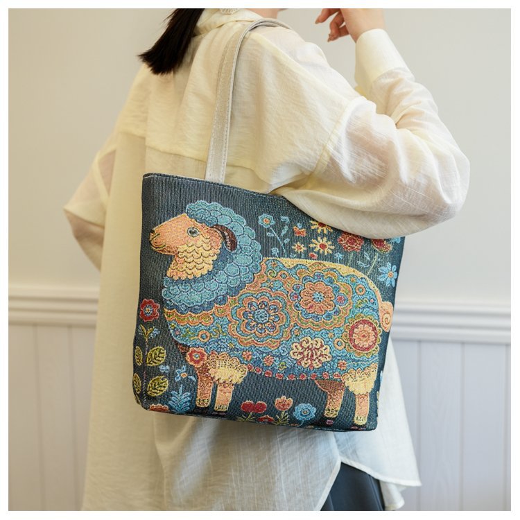 Double sided gold wire jacquard embroidered canvas student tutoring shoulder large capacity mommy bag, artistic style_voghion.com