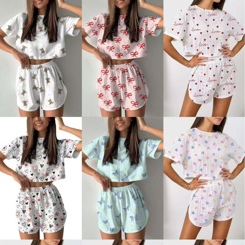 跨境家居服欧美时尚套装夏季女士睡衣两件套短袖短裤提花印花现货|undefined