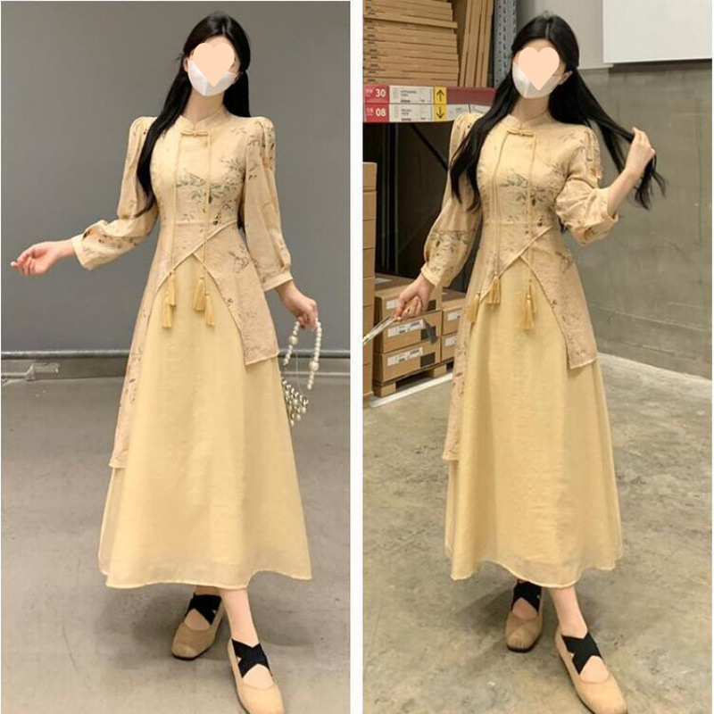 Fat sister Chinese style Zen modified cheongsam dress Spring and autumn clothes Large size women's fat and slim long skirt