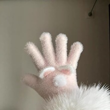 粉色兔耳朵毛绒五指针织手套女冬季可爱甜美百搭防风保暖防寒骑行