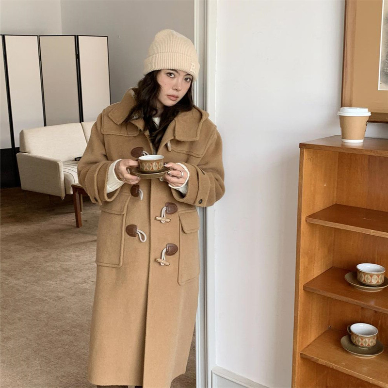 Korean Style Ins Style Horn Button 2026 New Upgraded Fabric Hand-Stitched Hooded Long Loose Wool Coat Korean Style Ins Style Horn Button 2026 New Upgraded Fabric Hand-Stitched Hooded Long Loose Wool Coat