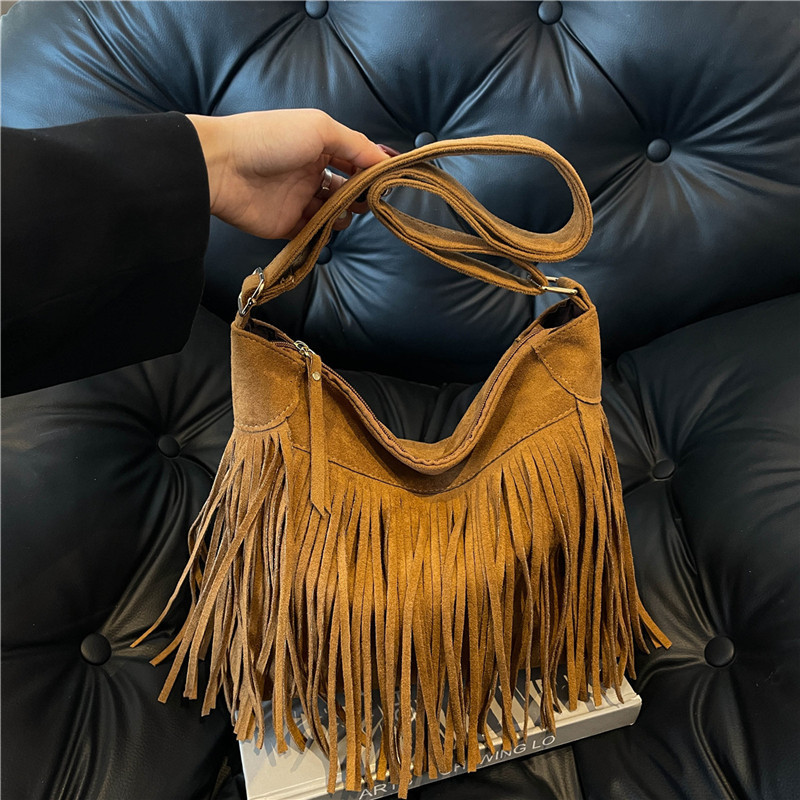 Brown Frosted Design Bag 2024 Autumn New Women's Bag Bohemian Vintage All-match Crossbody Bag Tassel Bag