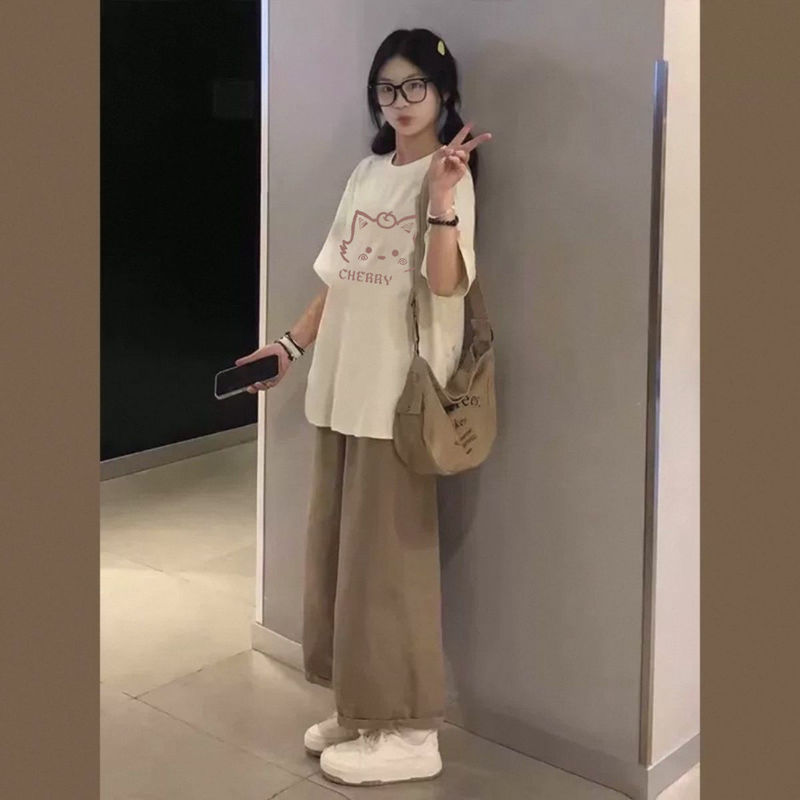 单/套装夏季女学生慵懒风宽松短袖t恤休闲阔腿裤子甜美穿搭两件套|undefined