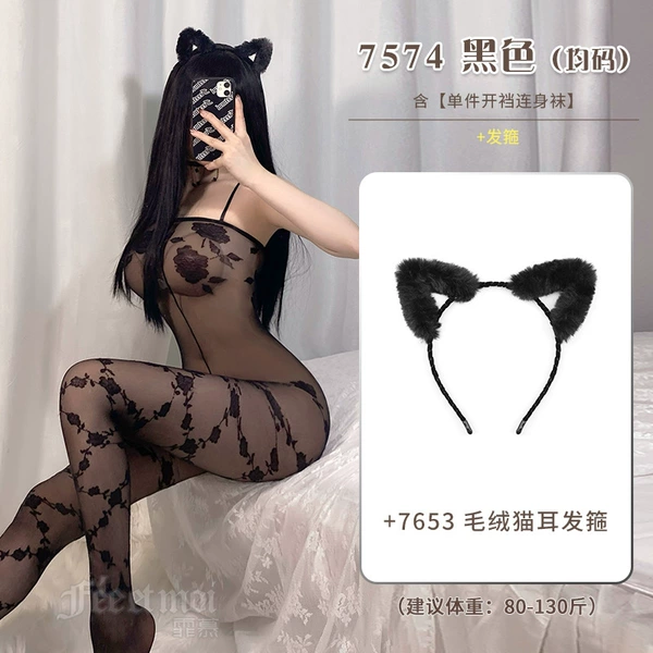 ◆ average code ◆ Black [Single -crotch connecting socks]+black cat ear hoop