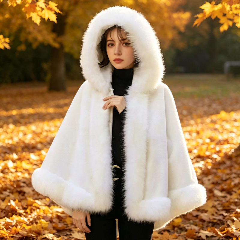 Thickened Faux Mink Fur Hooded Shawl, Wedding Dress Banquet Warm Cape, Cross-Border In-Stock Faux Mink Fur