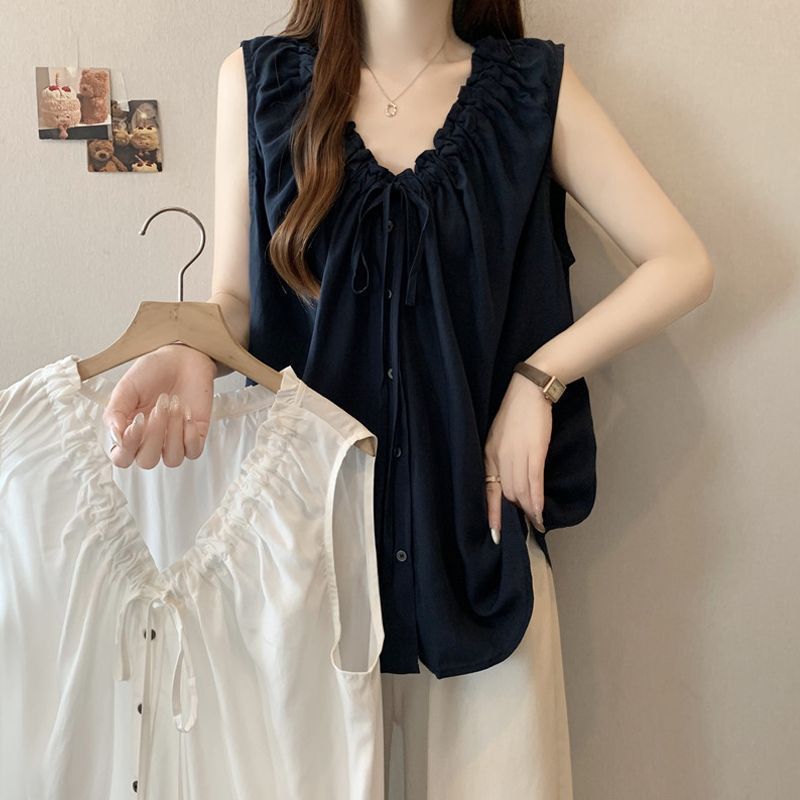 大码设计感纽扣V领吊带背心女夏季新款胖mm娃娃衫外穿无袖上衣女