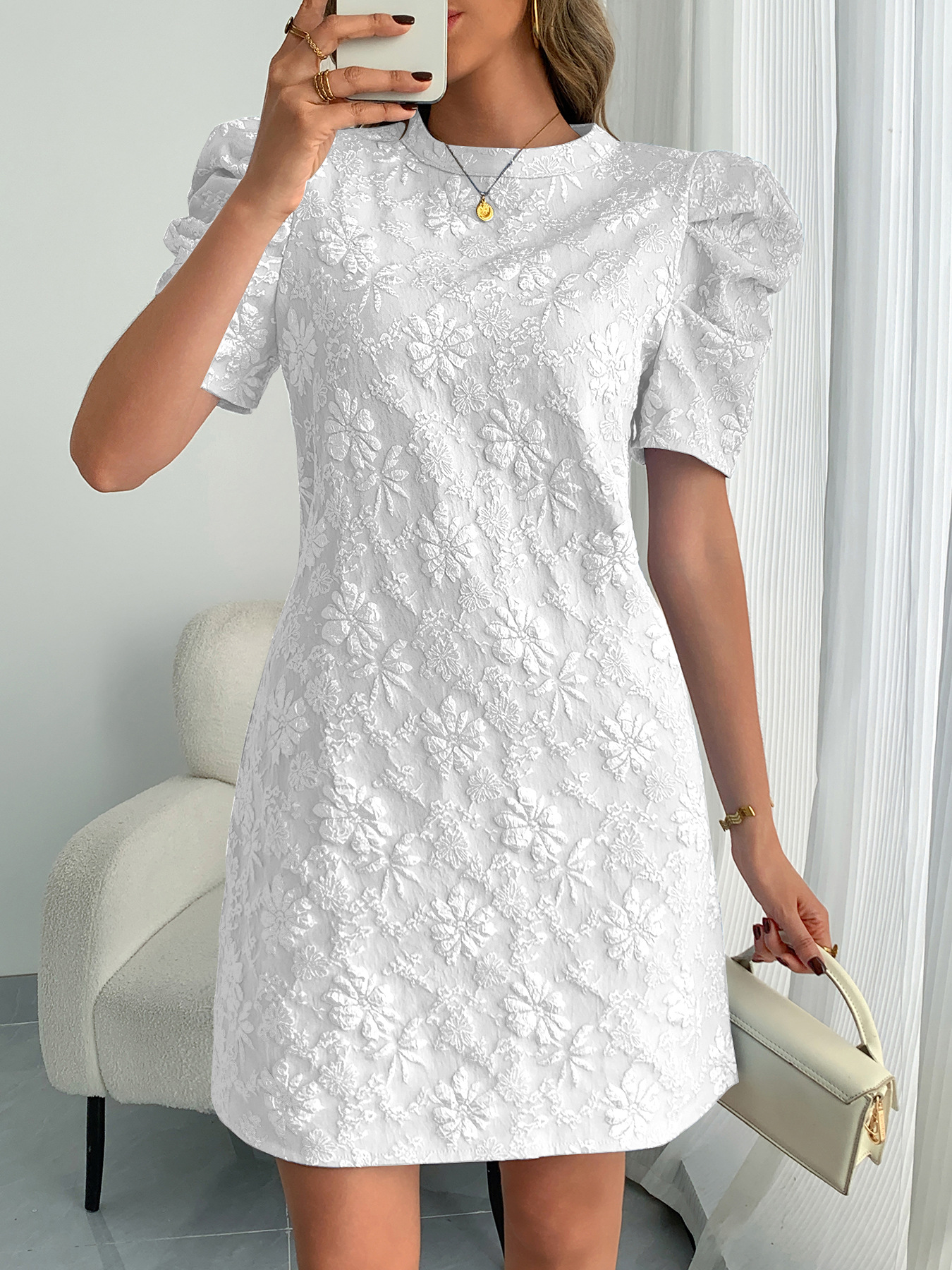 Vestido retro de mujer con cuello redondo, manga abullonada y jacquard texturizado, estilo europeo y americano, novedad de verano 2026, en stock.