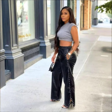 2024秋冬新品热卖时尚宽松休闲PU皮抓毛长裤多口袋休闲裤气质工厂