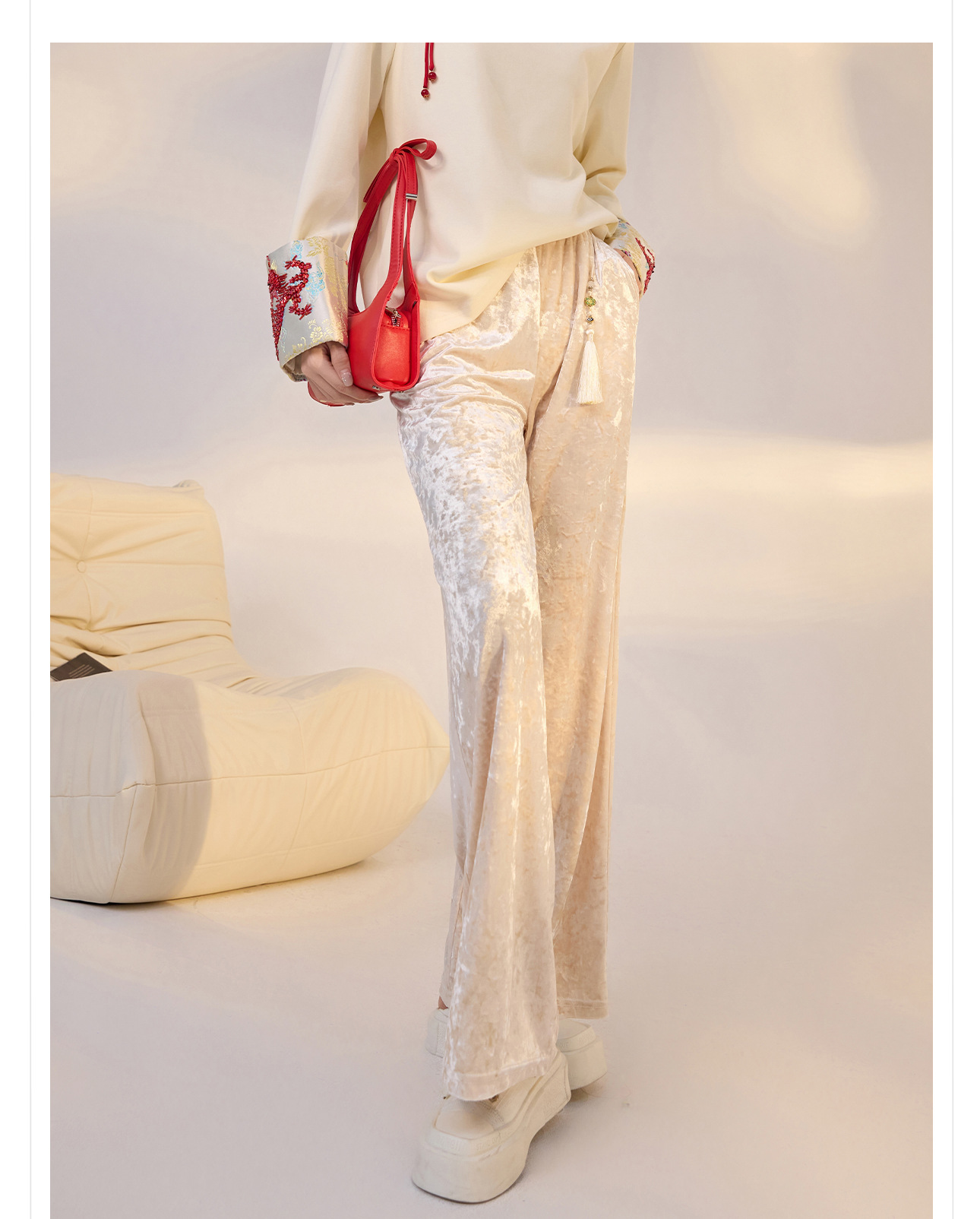 Quần ống rộng nhung lụa kiểu Trung Quốc mới, jacquard màu trơn, phong cách văn nghệ — Màu đen, Màu vàng, Màu hồng, Màu mơ chi tiết 6