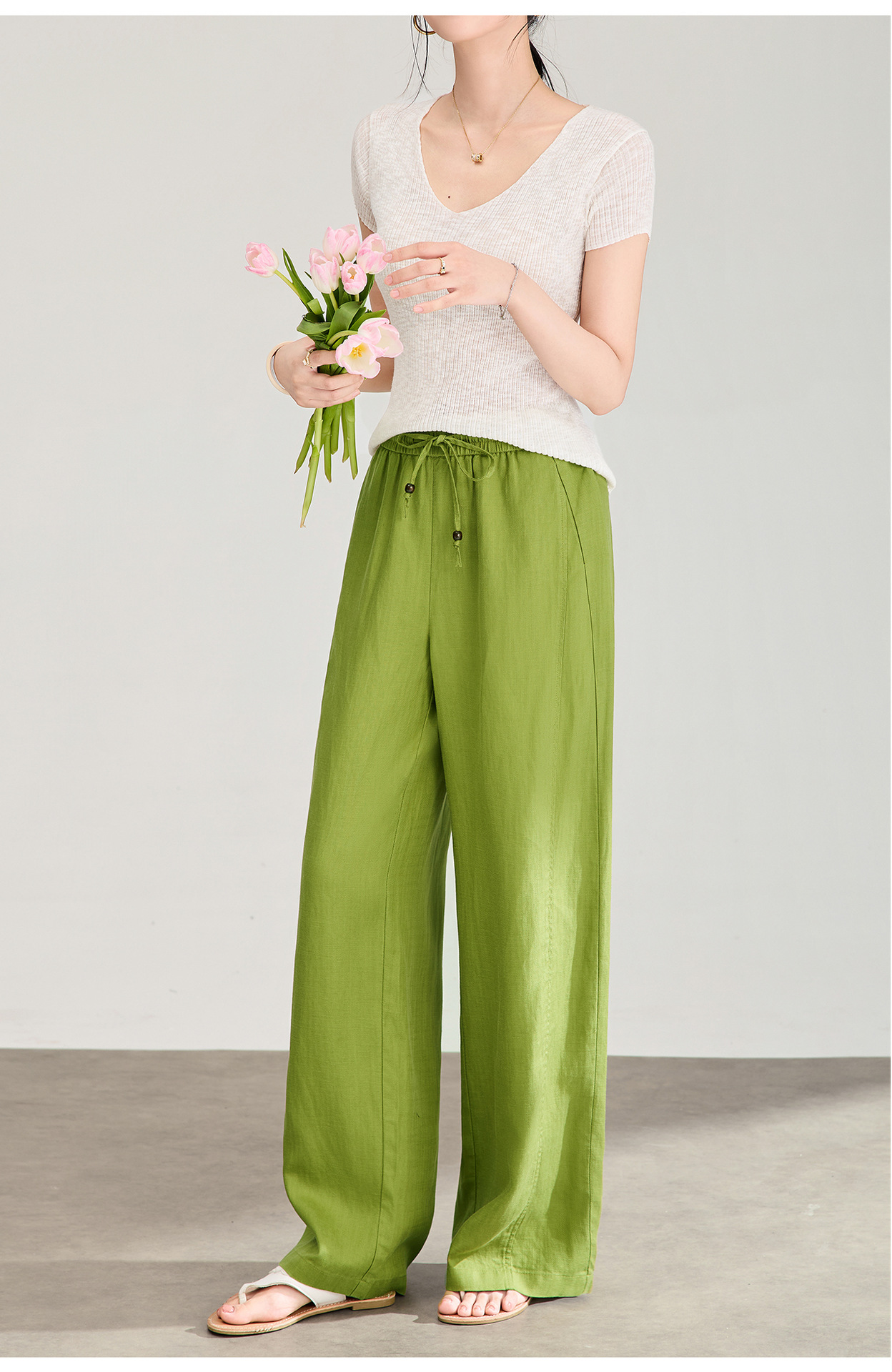 Quần culottes nữ ống rộng chất liệu linen phối lụa, cạp chun rút dây, dáng suông mềm mại — màu xanh táo chi tiết 14