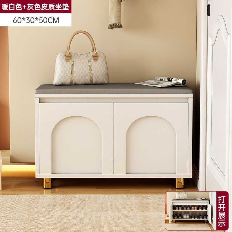 [신발벤치 모델] 밀크화이트 60cm + 그레이 가죽 시트쿠션