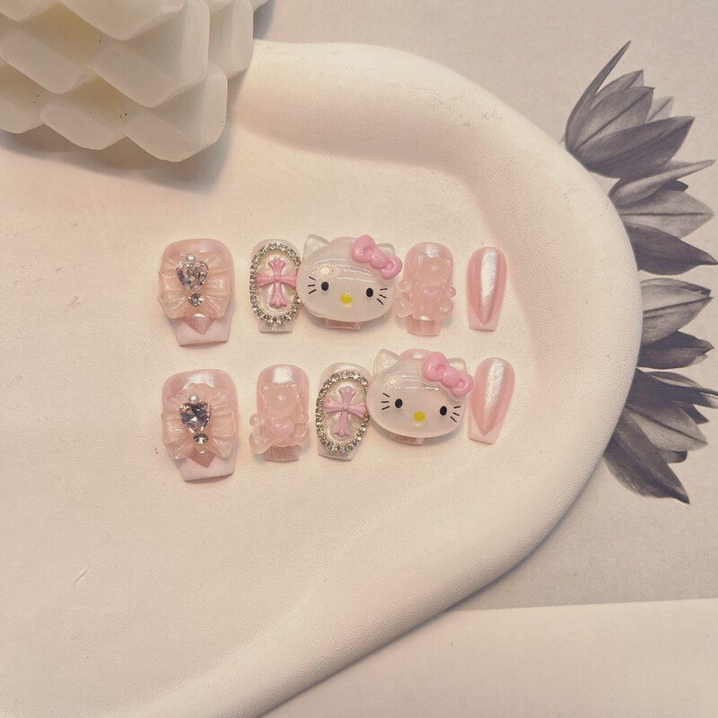 Cute Cartoon Wearable Nails Big-Headed Kt Cat Handmade Finished Product Hot Girl Patch Short Style Manicure Hot Girl Fake Nails Nail Pieces