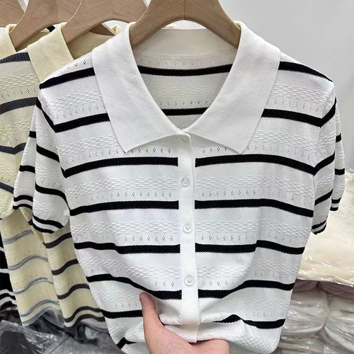 POLO Striped Short-Sleeve T-shirt for Women - Summer New Ice Silk Knit Cardigan, Commuter Short-Sleeve Top
