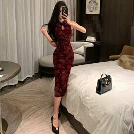 后拉链年轻款印花新中式无袖镂空复古中长旗袍红色连衣裙