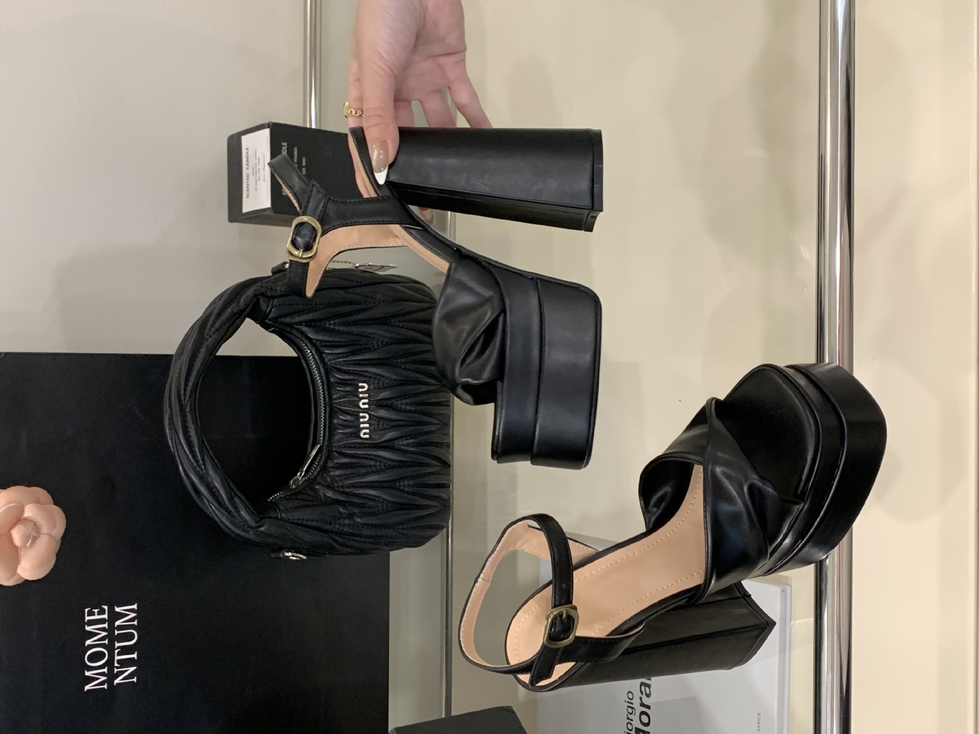 Sandal cao gót nữ quai ngang mũi vuông đế dày chống nước, gót siêu cao 9 cm — Màu đen chi tiết 13