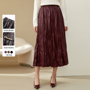 Slim Show plus size Women's Fashion Chic Design Pleated PU Leather All-match Skirt Chubby mm2024 Autumn New Arrival