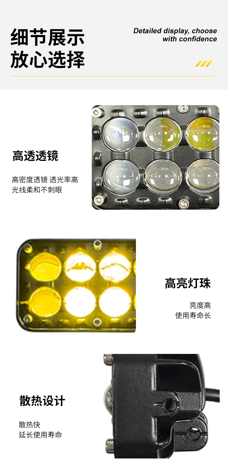 Cross-border LED yellow-white light strobe 8-bead spotlight lens motorcycle light car modification work vehicle headlight