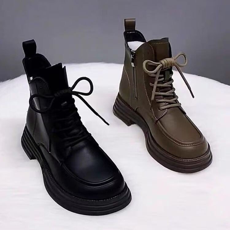 软皮加绒马丁靴女棉靴2025秋冬新款厚底保暖短靴平底百搭加厚棉鞋|undefined
