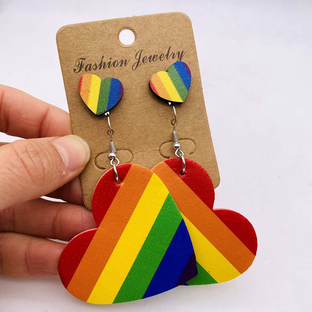 Rainbow, Water Droplets, Heart Shape Pattern Casual Rainbow Water Droplets Heart Shape Wood Women's Drop Earrings