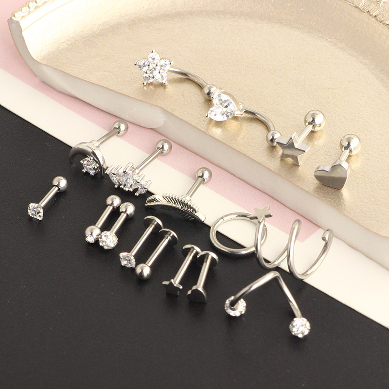 17pcs Stainless Steel 16G Ear Piercing Set: Love Earrings, Ear Clip, Ear Nail, Cartilage Studs detail image 10