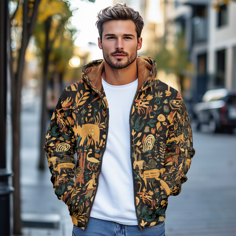 Giacca in cotone spesso con cappuccio e cerniera da uomo in stile europeo stampato autunno e inverno 2024_voghion.com