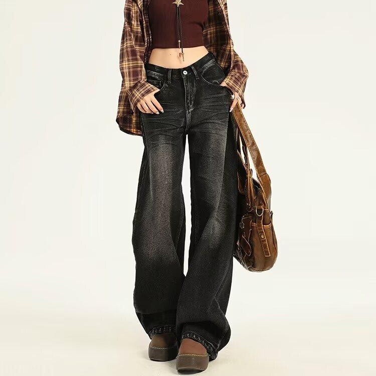 American-Style Water Ripple Black Jeans for Women 2025 Autumn New Japanese Retro Loose Versatile Straight Wide-Leg Pants