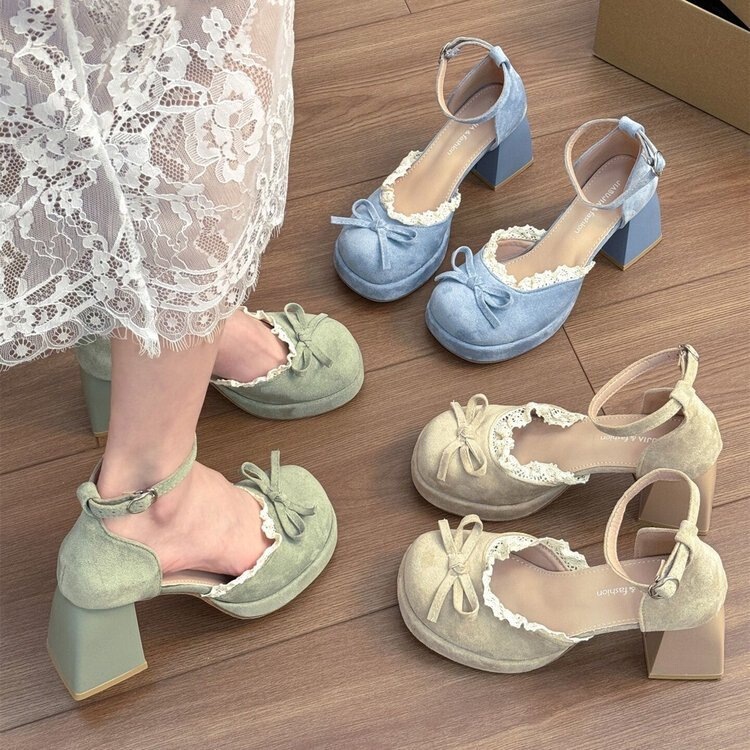 French-Style Sweet Lace Bow Chunky Heel Mary Jane Shoes for Women 2026 Spring/Summer New High-Heeled Sandals Hollow Single Shoes French-Style Sweet Lace Bow Chunky Heel Mary Jane Shoes for Women 2026 Spring/Summer New High-Heeled Sandals Hollow Single Shoes