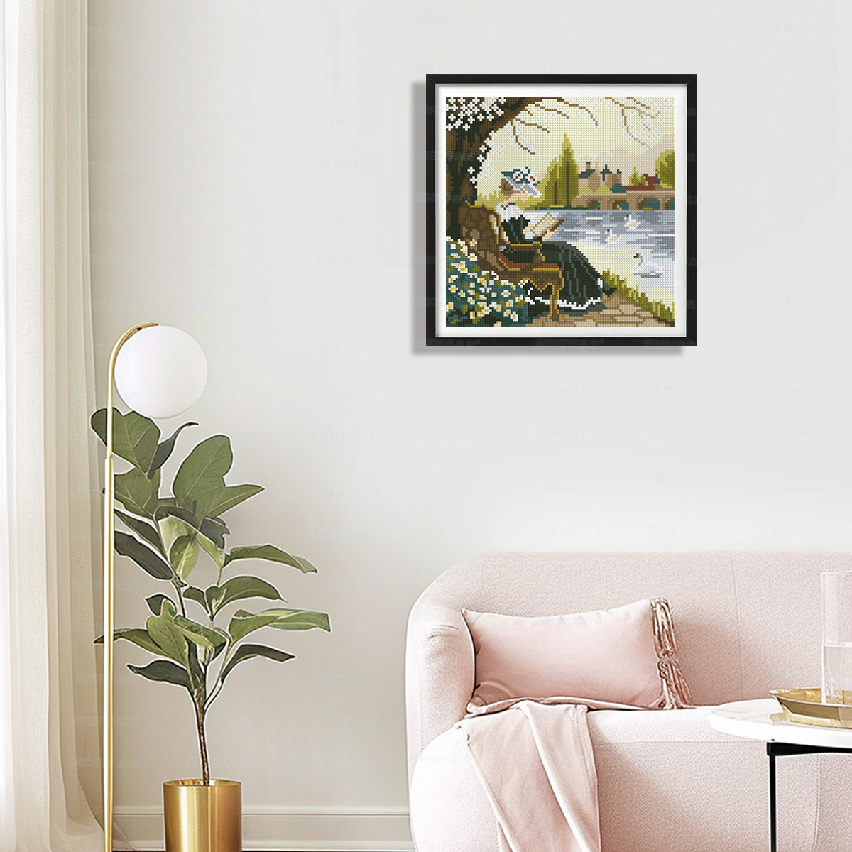 Mona Lisa real punto de cruz junto al lago tiempo de lectura tranquila nueva sala de estar simple sala de estudio pintura decorativa bordado de hilo hecho a mano image 4
