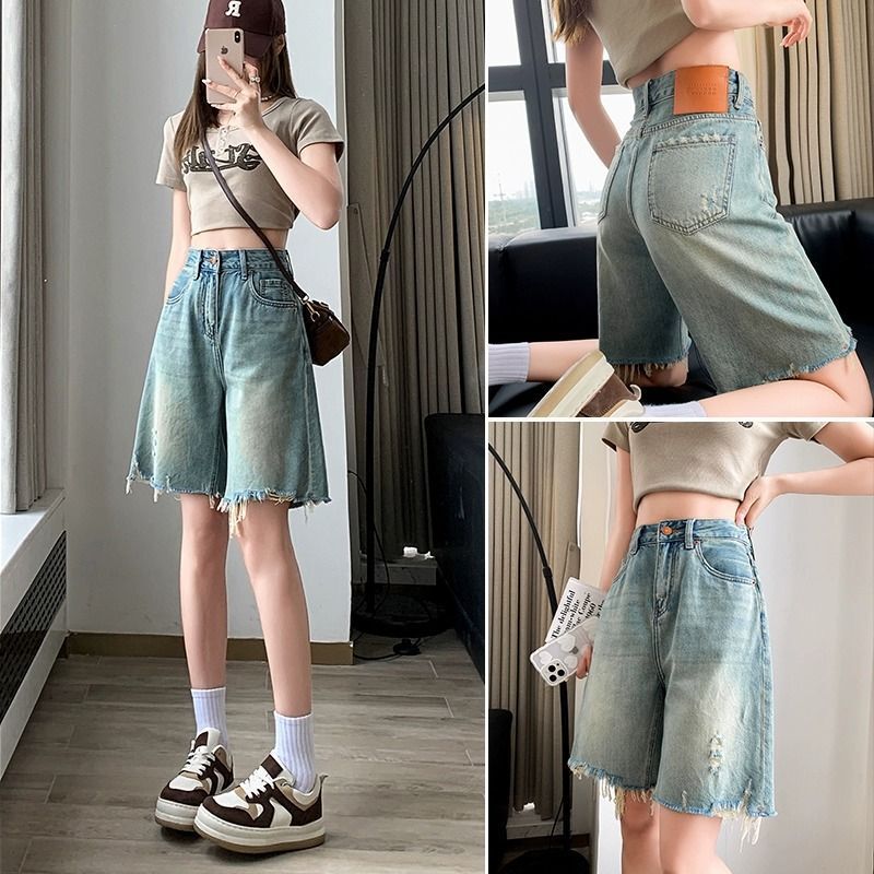 Hemp Tencel High-End Soft Denim Flared Mid-Length Pants for Women, Thin Style, 2025 Summer, Frayed Edges, Ripped High-Waisted Five-Point Pants, Vintage
