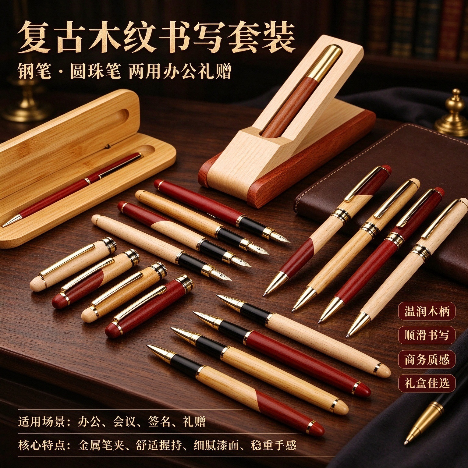Cross-Border Retro Color-Blocked Bamboo Pen Wooden Metal Ballpoint Pen Pen Signature Pen High-End Business Student Graduation Ceremony