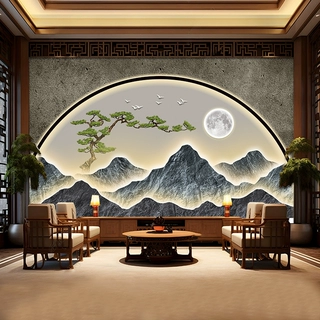 新中式茶室客厅背景墙壁纸背有靠山d壁画书房办公室新中式墙纸