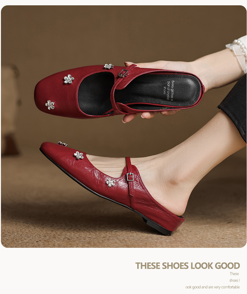 Sandal mule nữ gót thấp mũi kín đính đá pha lê màu rượu vang đỏ — Rượu vang đỏ chi tiết 8