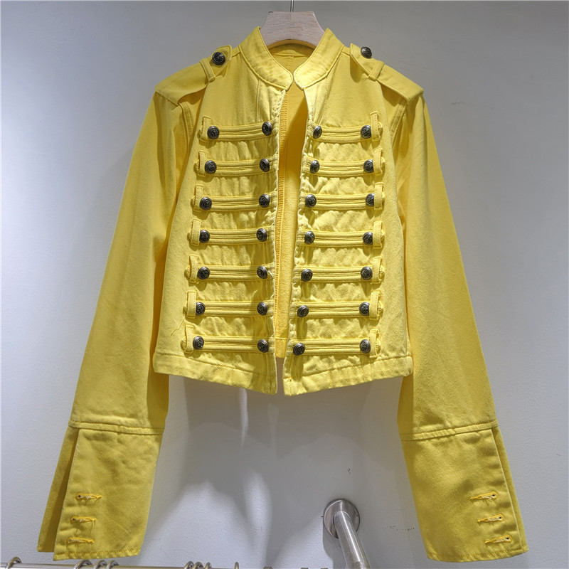 Retro industria pesada de collar de metal hebilla denim chaqueta corta nicho amarillo mujer diseño delgado chaqueta de hombro chaqueta