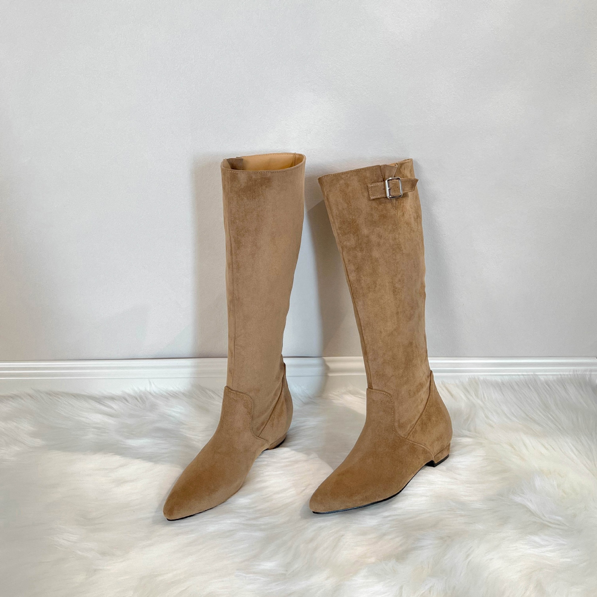 Botas Altas de Montar para Mujer de 6 cm, Microfibra y Terciopelo, Tacón Ancho, Hebilla Decorativa, para Invierno y Uso Diario