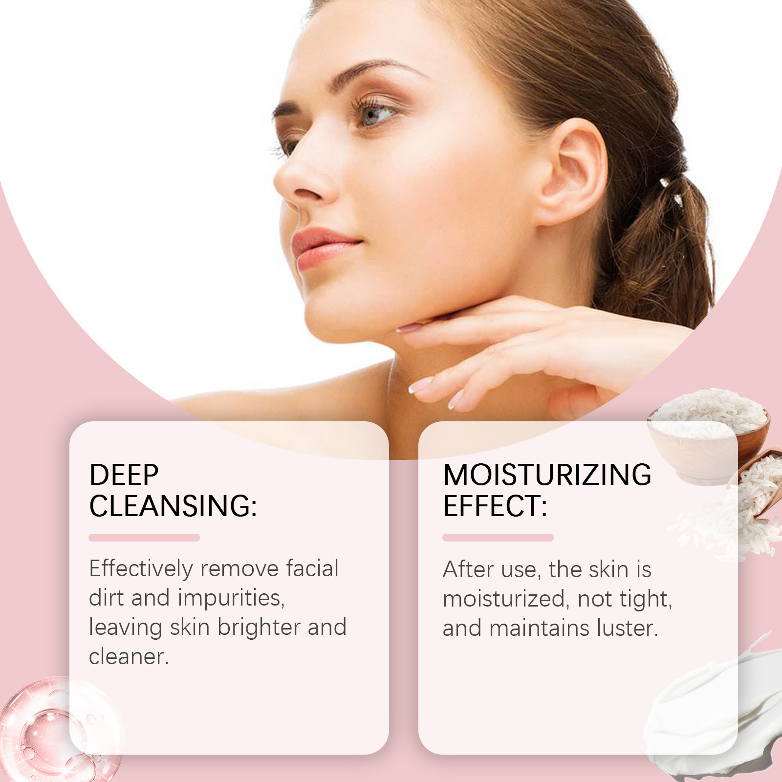 Description Picture 5 of itemRice Water Face Cleanser Remove Dirt Purifying Pores Fading Spots Oil Control Soft Brightening Moisturizing Foaming Facial Wash
