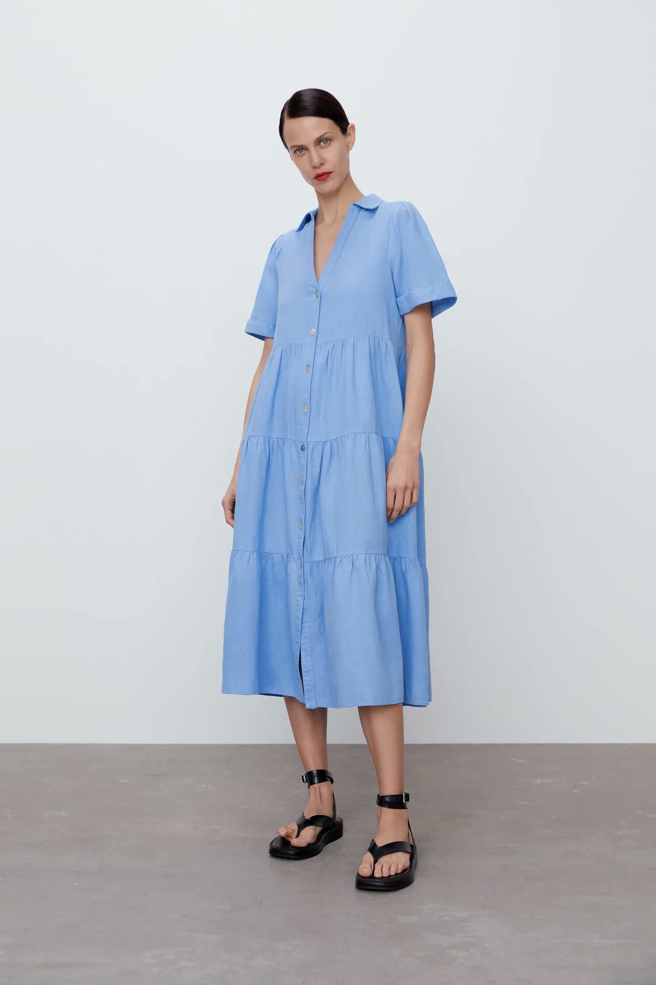 lapel breasted stitching midi shirt dress  NSAM48908