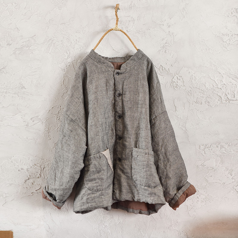 4110オリジナル自家製色織りストライプリネン中国風盤バックルコットンショートコート国風レトロレディース綿入れ