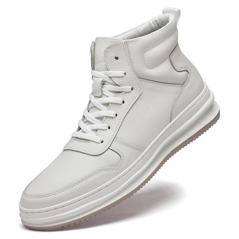 Foreign Trade Autumn and Winter Men's Large Size Genuine Leather High-Top Shoes 45 Soft Sole Fleece-Lined Warm White Shoes Cross-Border Cowhide Sneakers for Men