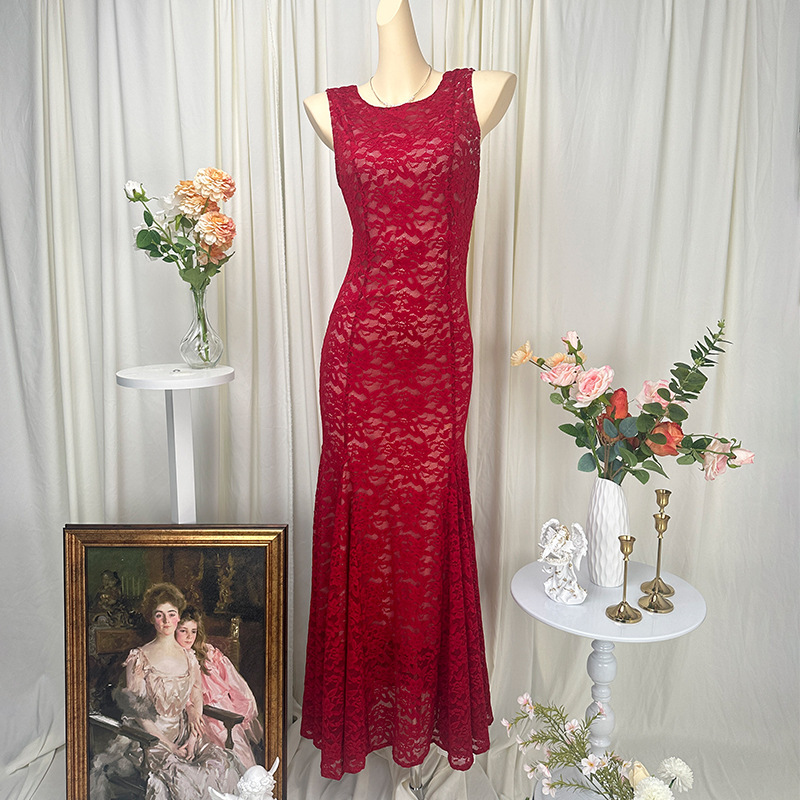 Lace Long Dress Factory Wholesale Elastic Tight Fishtail Dress Arm-Covering Dress Evening Dress Toast Dress Multi-Color