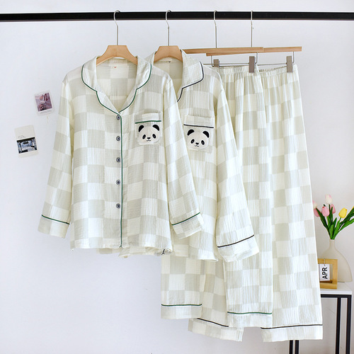  New Spring and Autumn Pure Cotton Yarn Couple Checkered Pajamas Cute Panda Long Sleeves and Pants Home Clothing Set