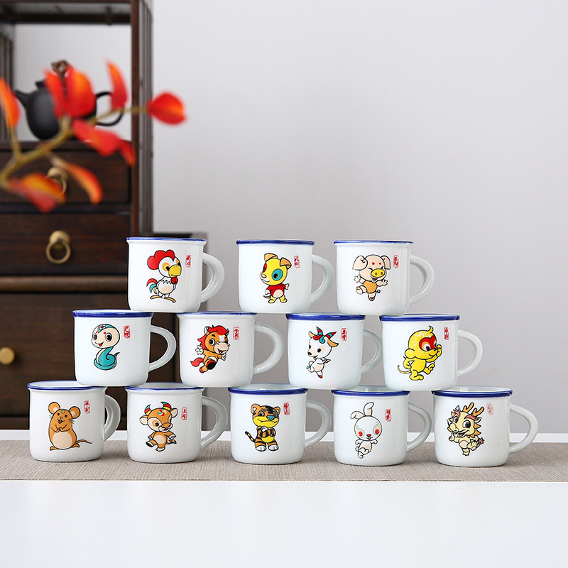 Taza de cerámica de dibujos animados para niños chinos Taza de desayuno Taza de leche Taza de enjuague bucal Taza de esmalte de imitación retro nostálgico del zodiaco