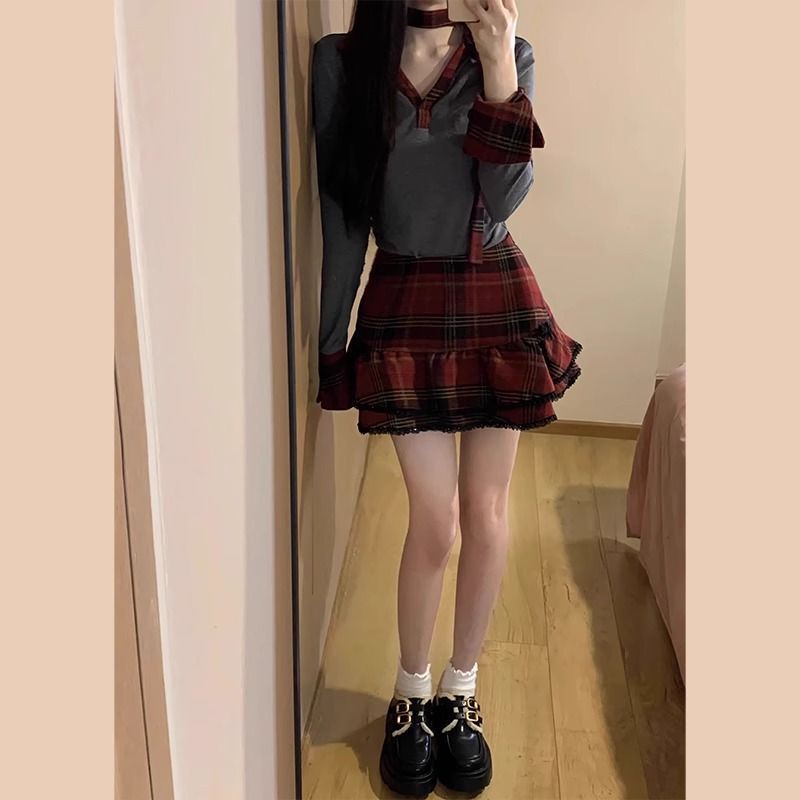 アメリカンスイートガールチェック柄ツーピーススーツ女性初秋カレッジスタイルスプライシング長袖トップとふわふわスカートスーツ|undefined