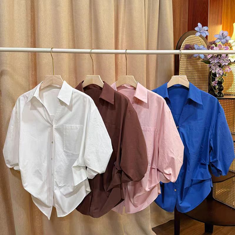 2026 Spring and Autumn New Style Polo Collar Puff Sleeve White Waist-Cinched Short Shirt for Women, High-End Fashionable Blouse Top