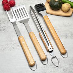 アマゾン現物ステンレスバーベキュー道具セット屋外BBQケヤキ柄シャベルフォーククリップセット焼き具4点セット