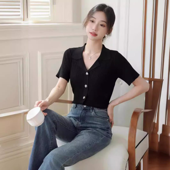 Elegant and Fashionable Small Fresh Ice Silk Knitted Sweater Women's Summer Polo Lapel Short-sleeved V-neck Slim-fit All-match T-shirt