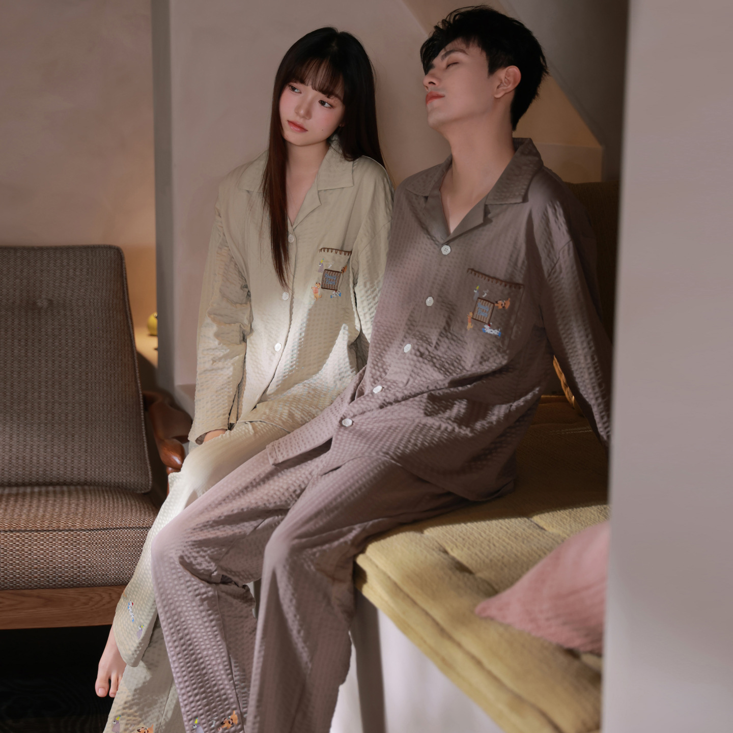 Couple Pajamas 2025 New Pure Cotton Long-Sleeved Women's High-End Men's Fashionable Home Clothes